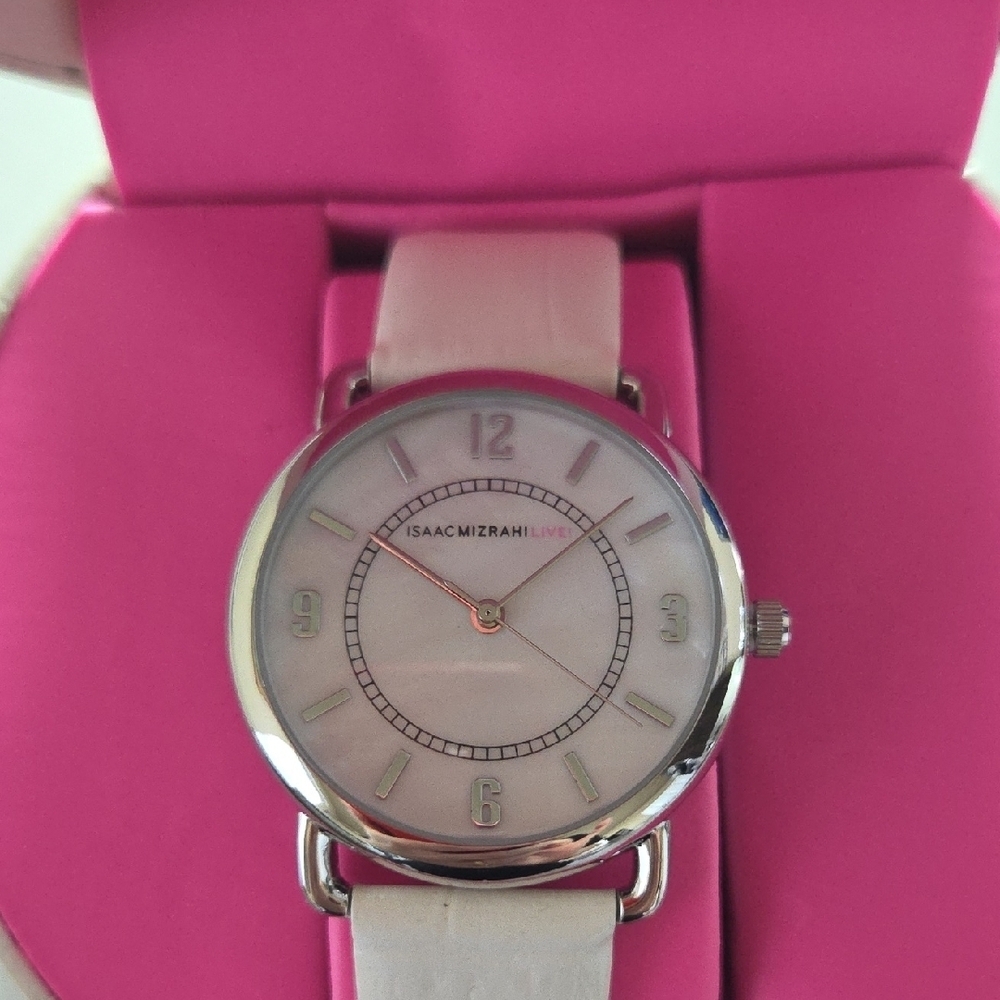 Isaac Mizrahi Silver MOP Dial Leather Band Watch Mob Wife